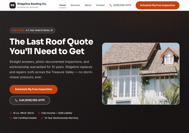 Ridgeline Roofing Co. demo website homepage