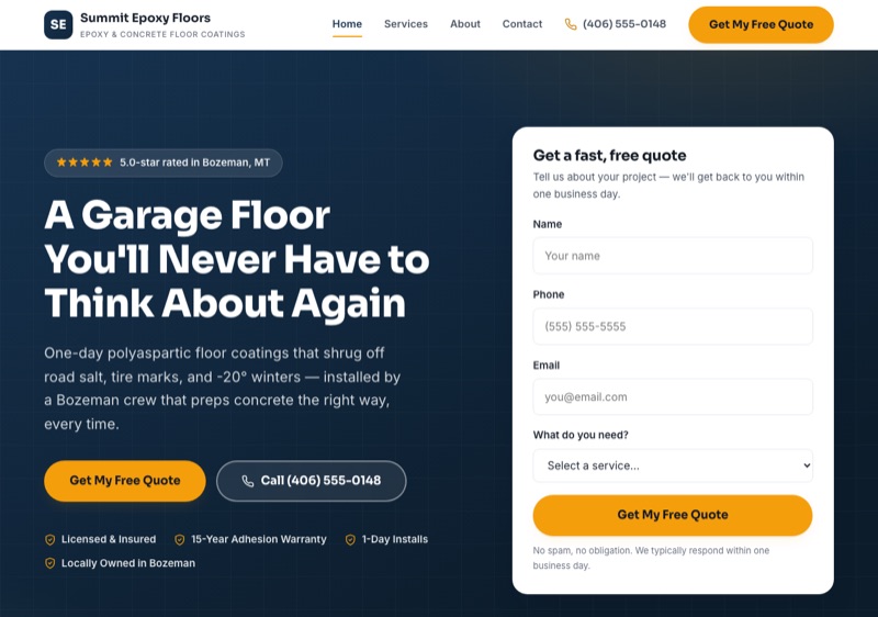Summit Epoxy Floors demo website homepage